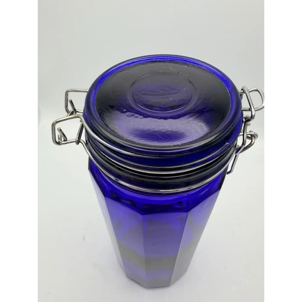 Vintage 13” Canister Jar Cobalt Blue Glass 12 Panel Wire Bale Lid